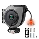 75ft Retractable Extension Cord Reel - 14 AWG/3C SJTOW Heavy Duty with 3 Lighted Outlets, 10A Breaker - Wall/Ceiling Mount for Indoor Outdoor Garage, Workshop Grey.