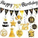 75th Birthday Decorations Set - 75th Birthday Decorations Men Happy 75th Birthday Banner Triangle Flag Hanging Swirls Streamers for Women Men Birthday Party Decorations Supplies, Black and Gold