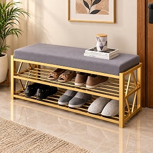 75x35x45 cm metal shoe storage rack with velvet seat  foldable durable amp space-saving 2 tier shoe stand for 810 pairs for heels slippers boots footwear sneakers chappal stand grey