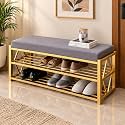 75x35x45 CM Metal Shoe Storage Rack with Velvet Seat | Foldable Durable & Space-Saving 2 Tier Shoe Stand for 8–10 Pairs for Heels Slippers Boots Footwear Sneakers Chappal Stand (Grey)