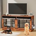 78" Double Dog Crate Furniture with Divider, Thick Wooden Indoor Dog Kennel Furniture with Swivel Bowls for 2 Dogs, Decorative Pet Cage for Extra Large Breed, Vintage Brown