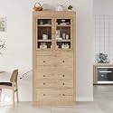 78 inch Tall Kitchen Pantry Cabinet with 3 Drawers and Adjustable Shelves, Wood Storage Cabinet with Drop-Down Surface and Glass Doors for Dining Room and Living Room (Natural//3)