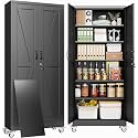 79" Metal Garage Storage Locker Cabinet with Wheels,Rolling Black Lockable Tool Cabinet with 2 Doors and 5 Adjustable Shelves, Steel Office File Cabinet for Home Office Warehouse Gym