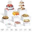 7Pcs White Acrylic Buffet Risers with Mini Sign and Marker, Food Display Risers for Party Catering Dessert Jewelry Collectibles,Acrylic Cube Nesting Boxes with Hollow Bottoms(8" 7.5" 7" 6.8" 6" 5" 5