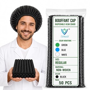 disposable bouffant caps black hair cover with elastic band universal fit salon and kitchen use bulk pack black 50pcs