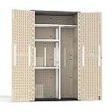 7x4 Ft Outdoor Storage Shed with Metal Shelving Kit, Waterproof Resin Storage Cabinet with Floor, All-Weather Tall Vertical Garden Shed for Garage, Patio, Backyard, Porch (Khaki)