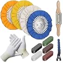 8" Airway Buffing Wheel, 12Pcs Aluminum Wheel Polishing Kit(5/8" Arbor), Polishing Compound and Aluminum Metal Polishing Wheel Kit with Buffing Wheel Rake Adjustable Wrench and Glove for Angle Grinder