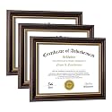 8.5x11 Diploma Frames Certificate Document Frame Set of 3 Reddish Brown/Gold Trim with Real Glass for Wall Gallery or Tabletop display, Without Mat