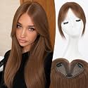 8 inch Human Hair Toppers,Curtain Bangs Natural Warm Brown, 5"x3"Swiss Base SilkHug with 3 Non-Slip Clips,100% Real Human Hair Toppers for Women with thinning &amp; Natural Appearance