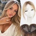 8 inch Human Hair Toppers,Curtain Bangs Brown to Platinum Blonde Ombre,5"x3"Swiss Base SilkHug with 3 Non-Slip Clips,100% Real Human Hair Toppers for Women with thinning &amp; Natural Appearance