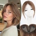 8 inch Human Hair Toppers,Curtain Bangs Balayage Brown with Highlights, 5"x3"Swiss Base SilkHug with 3 Non-Slip Clips,100% Real Human Hair Toppers for Women with thinning &amp; Natural Appearance