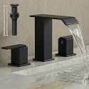 8 Inch Widespread Bathroom Faucets 3 Hole, Modern Aesthetic Waterfall Sink Faucet with Pop Up Drain & Supply Lines, Anti-Splashing & Stain-Resistant Matte Black Vanity Faucet for RV & Remodel
