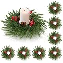 8 Pack Small Christmas Wreath Candle Rings Artificial Pine Branches with Pinecones Red Berries Fake Foliage Pine Needles Picks Candle Rings Holder for Table Centerpiece Home Door Window Chair Wall