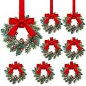 Knitgrip 8 Pcs Mini Christmas Kitchen Wreath with Red Bow Pine Cone Decor