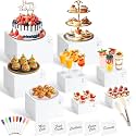 8 Pcs White Buffet Risers with Mini Table Sign, Serving Tongs, Acrylic Food Risers for Buffet Table Display Stand Shelf for Party Catering Dessert Jewelry Collectibles (Size 9" 8" 7" 6" 5" 5" 4" 4&