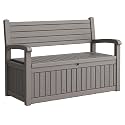 80 Gallon Lockable Deck Bench with Storage, Resin Stripes Outdoor Storage Box, Waterproof Outdoor Porch Bench for Patio Pool and Cushions Garden Tools, Grey