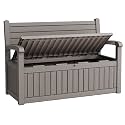 80 Gallon Lockable Deck Bench with Storage, Resin Stripes Outdoor Storage Box, Waterproof Outdoor Porch Bench for Patio Pool and Cushions Garden Tools, Grey