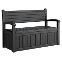 80 Gallon Lockable Deck Bench with Storage, Resin Stripes Outdoor Storage Box, Waterproof Outdoor Porch Bench for Patio Pool and Cushions Garden Tools, Black