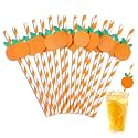 80pcs Disposable Orange Striped Paper Straws for Milkshake Lemonade Cute Fruit Shape Straw for Wedding Decorations and Birthday Party Supplies