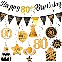80th Birthday Decorations Set - 80th Birthday Decorations Men Happy 80 Birthday Banner Triangle Flag Hanging Swirls Streamers for Women Men Birthday Party Supplies, Black and Gold