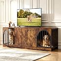 87" Extra Large Dog Crate TV Stand for 2 Dogs, Double Dog Crate w/Removable Divider, Heavy‑Duty Wooden Kennel, Arched Metal Doors, 4.3" Robot Vacuum Clearance, Ships in 2 Boxes (Rustic Brown)