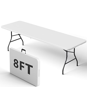 8ft folding table heavy duty plastic fold-in-half utility table with handle portable camping picnic table with steel legs for indoor outdoor party dining white