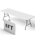 8FT Folding Table, Heavy Duty Plastic Fold-in-Half Utility Table with Handle, Portable Camping Picnic Table with Steel Legs for Indoor Outdoor Party, Dining, White
