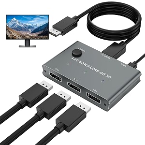 8k displayport switch 3 in 1 out dp switches selector support 8k60hz 4k144hz compatible with pc host monitor laptop etc note not an 1 in 3 out hdmi splitter