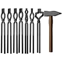 8PCS Blacksmith Tools Set for Forging and Knife Making, Flat Jaw &amp; V-Bit Tongs with Hammer, A3 Steel Rivets and 3/8" 1/2" 5/8" V-Bolts, High Carbon Steel Forge Kit