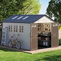 8x12 Ft Outdoor Storage Shed with Floor, Large Resin Outdoor Shed with Lockable Doors, 5 Fixed Windows &amp; 6 Skylights, HDPE Garden Sheds for Backyard, Lawn Tools, Pool &amp; Bike Supplies, Khaki