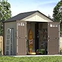 8x6 Ft Outdoor Storage Shed with Floor, Large Resin Outdoor Shed with Lockable Doors &amp; 2 Fixed Windows, HDPE Garden Sheds Weatherproof for Backyard, Lawn Tools, Pool &amp; Bike Supplies, Khaki