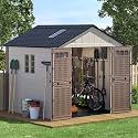 8x8 Ft Outdoor Storage Shed with Floor, Large Resin Outdoor Shed with Lockable Doors, 3 Fixed Windows &amp; 2 Skylights, HDPE Garden Sheds for Backyard, Lawn Tools, Pool &amp; Bike Supplies, Khaki