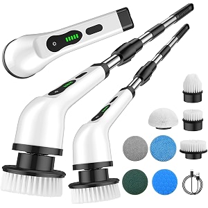 9 in 1 electric spin scrubber cordless electric cleaning brush for home amp bathroom  adjustable handle 8 brush heads  powerful house cleaning product amp bathroom cleaning accessory white