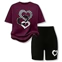 9-16Y Tween Girl Clothes 2 Piece Short Sleeve Heart Print Top and Shorts Teen Girl Summer Outfits Short Set