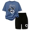 9-16Y Tween Girl Clothes 2 Piece Short Sleeve Heart Print Top and Shorts Teen Girl Summer Outfits Short Set