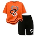 9-16Y Tween Girl Clothes 2 Piece Short Sleeve Heart Print Top and Shorts Teen Girl Summer Outfits Short Set