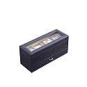 9.3" Long Tempered Glass and Leather Jewelry/Watch Display with Drawers, Blue