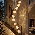 9-Light Staircase Chandelier for High Ceilings, Modern Glass Globe Pendant Light with Adjustable Height Gold Foyer Chandelier for Entryway Living Room Luxury Stairwell Lighting Fixture