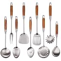 9 PCS 304 Stainless Steel Cooking Utensils set with Wooden Handle, Metal Kitchen Utensils Set, Large Heat Resistant Wooden Handle Kitchen Tools, Stainless Steel Wok Spatula