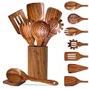 9 Pcs Teak Wooden Utensils Set, Wooden Spoons for Cooking