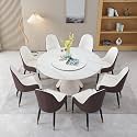 9 Piece Dining Table Set, 59" Round Dining Table Set for 8, Modern Marble Dining Tables Sintered Stone Table with 8 Brown Dining Chairs