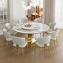 9 Piece Round Dining Table Set, Sintered Stone Faux Marble Dining Table with Lazy Susan&amp; Stainless Steel Gold Base,8 Pcs White Dining Chairs Kitchen Dining Room Table Set