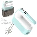 Yomelo 9-Speed Digital Hand Mixer Electric, 400W Powerful DC Motor, Hand Mixer Electric Handheld with Snap-On Storage Case, 5 Stainless Steel Accessories, Beaters, Dough Hooks, Whisk(Ice Blue/White)