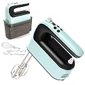 Yomelo 9-Speed Digital Hand Mixer Electric, 400W Powerful DC Motor, Hand Mixer Electric Handheld with Snap-On Storage Case, 5 Stainless Steel Accessories, Beaters, Dough Hooks, Whisk(Ice Blue/Black)