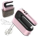 Yomelo 9-Speed Digital Hand Mixer Electric, 400W Powerful DC Motor, Hand Mixer Electric Handheld with Snap-On Storage Case, 5 Stainless Steel Accessories, Beaters, Dough Hooks, Whisk(Rose Gold)