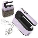 Yomelo 9-Speed Digital Hand Mixer Electric, 400W Powerful DC Motor, Hand Mixer Electric Handheld with Snap-On Storage Case, 5 Stainless Steel Accessories, Beaters, Dough Hooks, Whisk(Purple/Black)