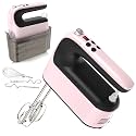 Yomelo 9-Speed Digital Hand Mixer Electric, 400W Powerful DC Motor, Hand Mixer Electric Handheld with Snap-On Storage Case, 5 Stainless Steel Accessories, Beaters, Dough Hooks, Whisk(Pink/Black)