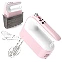 Yomelo 9-Speed Digital Hand Mixer Electric, 400W Powerful DC Motor, Hand Mixer Electric Handheld with Snap-On Storage Case, 5 Stainless Steel Accessories, Beaters, Dough Hooks, Whisk(Pink/White)