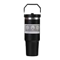 900ml Stainless Steel Tumbler with Handle &amp; Straw, Double Wall Vacuum Insulated Leakproof Travel Mug for Hot &amp; Cold Drinks, Gym, Office, Travel, Men, Women. (Black)