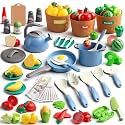 90Pcs Kitchen Playset Accessories, Pretend Cooking with Pots, Pans, Cookware, Food, Fruit, Veges, Color Sorting Baskets, Prop Money, Learning Gift for Girls Boys Toddlers (Blue)